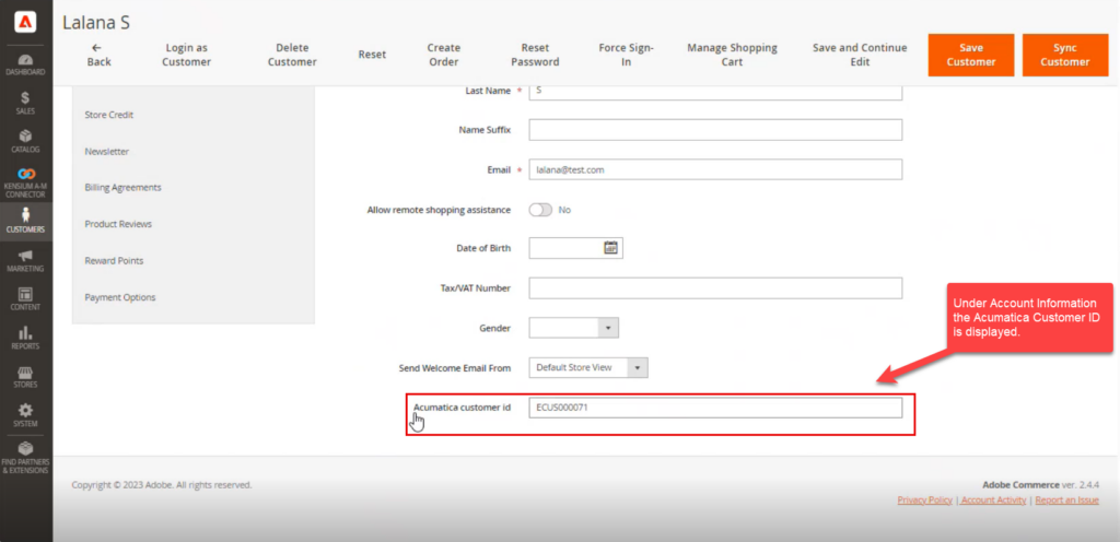 Acumatica Customer ID under Account Information